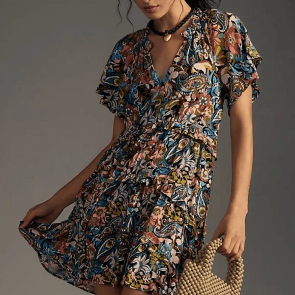Anthropologie HTF Robin Tiered Mini Dress Hi-Low Flirty Floral Colorful Size S - Picture 1 of 9